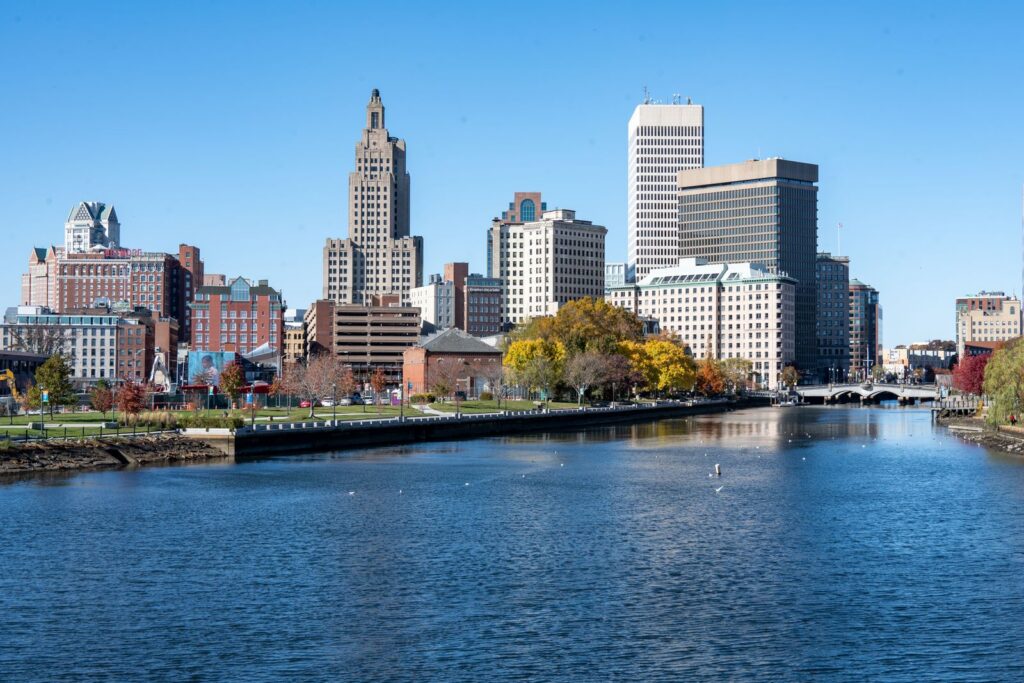 Captivating view of Providence's modern skyline and river in autumn.
