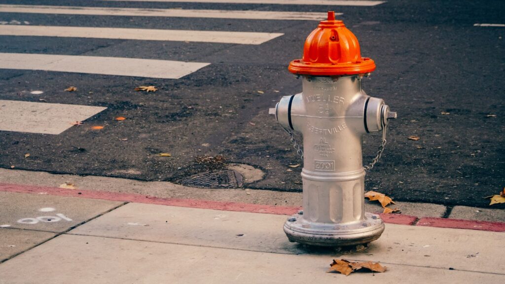 Orange fire hydrant on a city street corner with fallen autumn leaves.