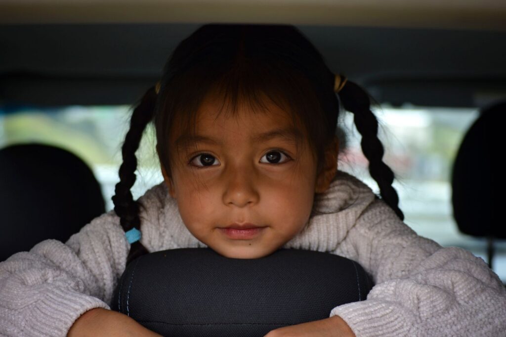 Close-up portrait of a young girl with braided hair sitting in a car backseat.