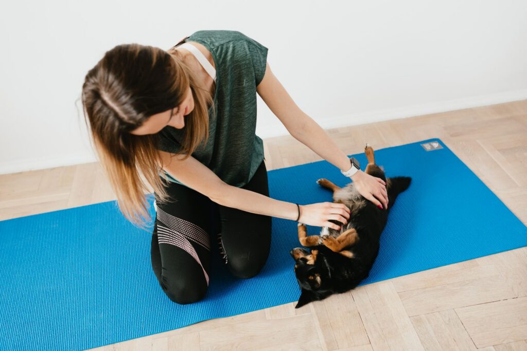 From above of happy lady in casual wear sitting on yoga mat while stroking little purebred dog at home in daylight