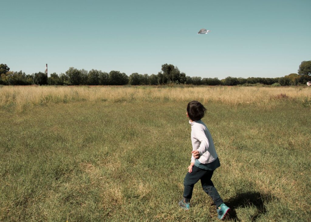 Young boy enjoying a sunny day playing with a paper airplane in a grassy field.