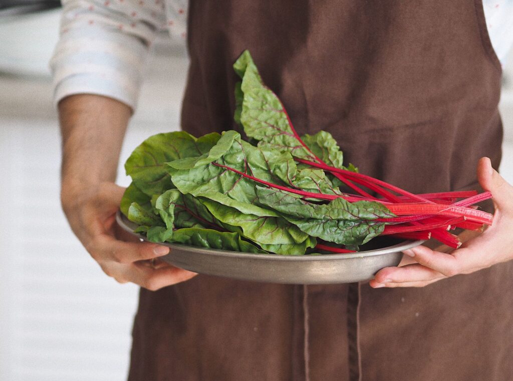 Person holding fresh Swiss chard on a plate, showcasing organic vegetables.