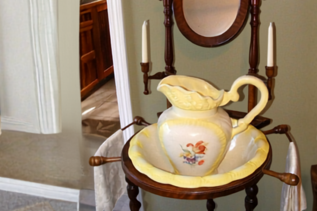 Antique washstand with water basin and pitcher