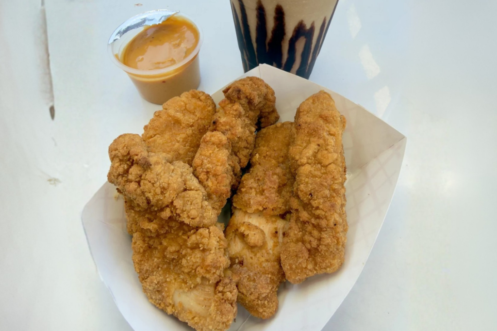 Costco chicken strips meal with sauce and drinks