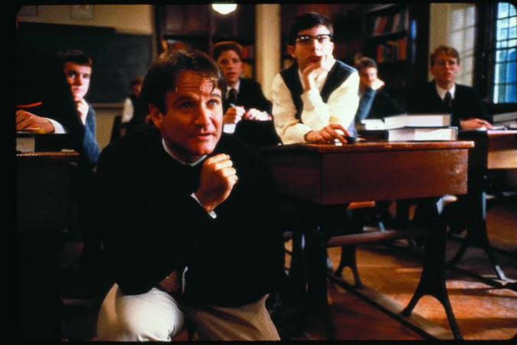 Robin Williams leading an unconventional classroom lesson in Dead Poets Society