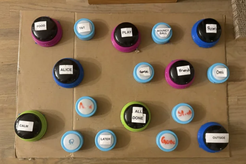 Dog talking buttons laid out on the floor
