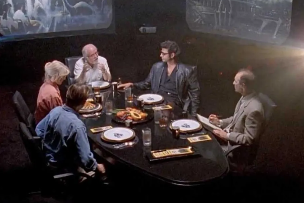 Dr. Alan Grant and other experts debate Jurassic Park’s ethics and safety.