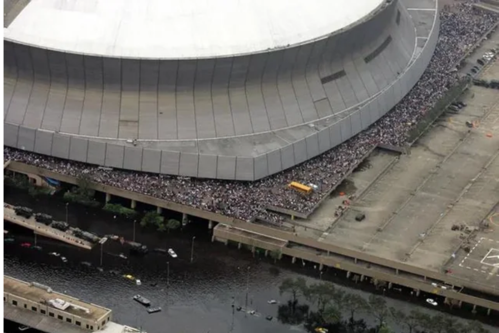 Evacuees gathered outside the Superdome