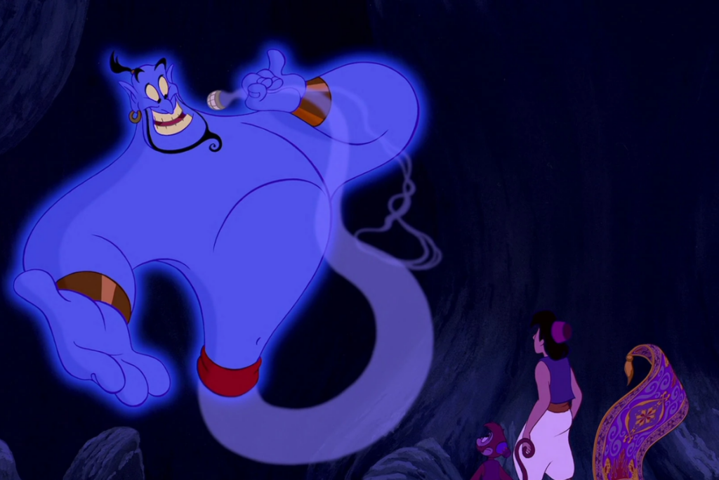 The Genie speaking to Aladdin and Abu in Disney’s animated film Aladdin
