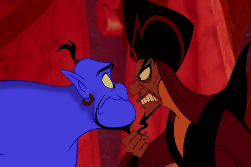 The Genie confronting Jafar in Disney’s animated film Aladdin