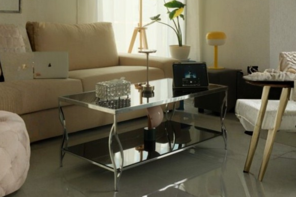 Cozy living room with Glass and chrome coffee table