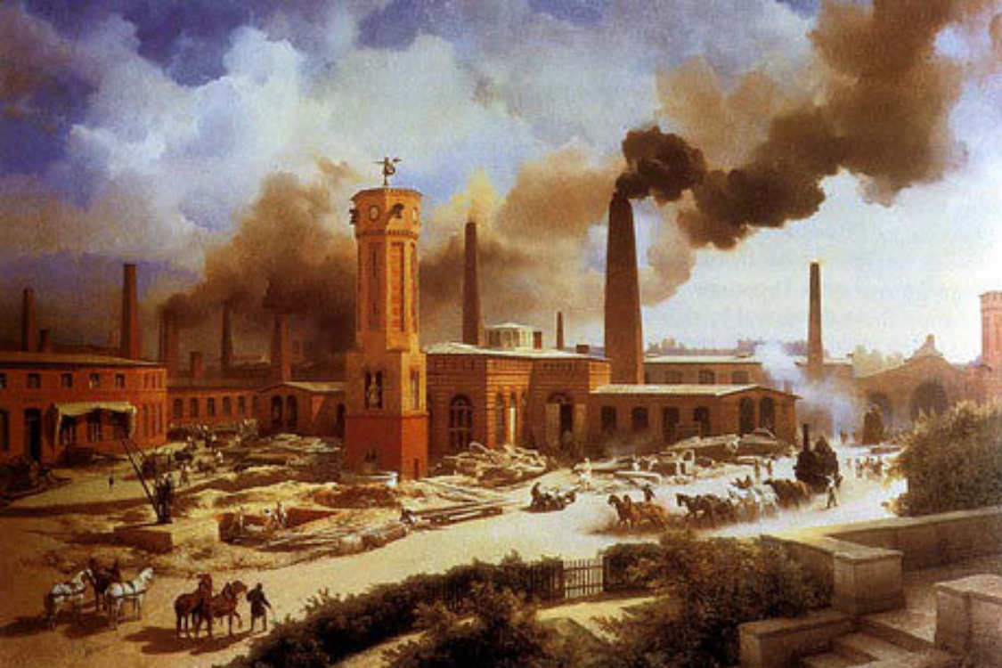 Industrial revolution with buildings and factory smoke