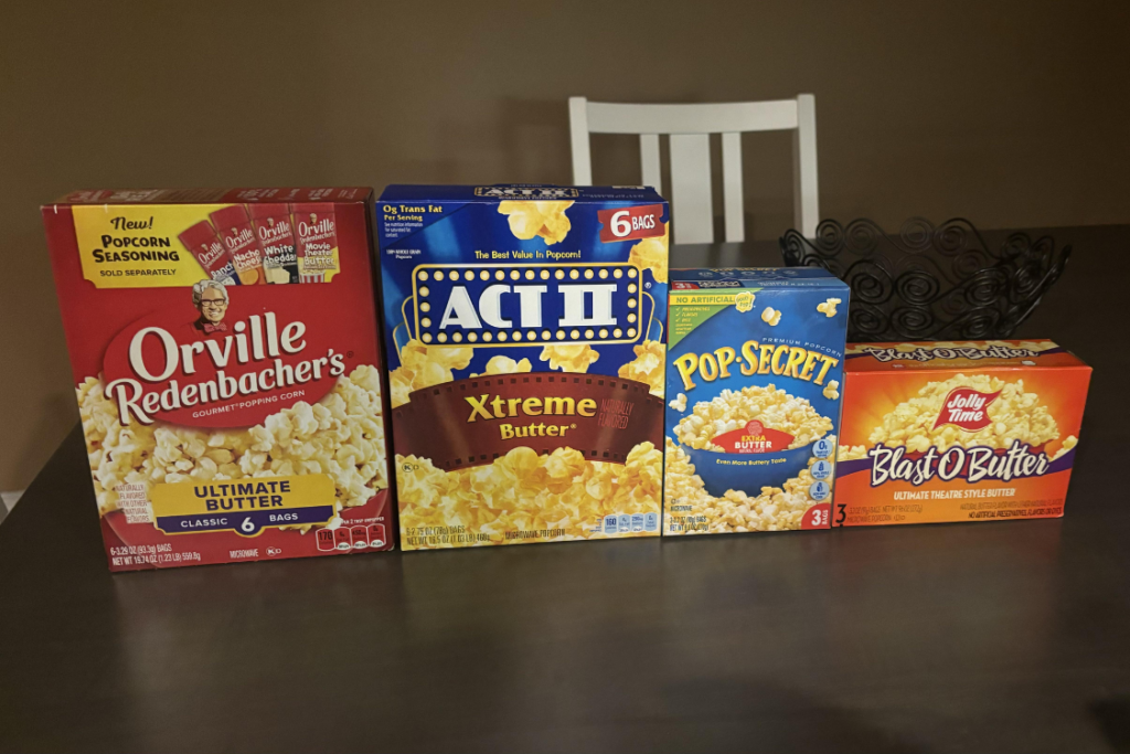 Assorted brands of microwave popcorns