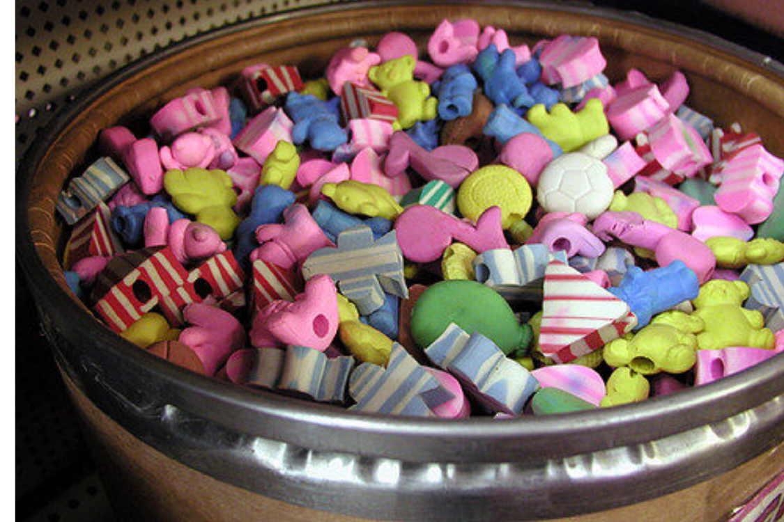 Barrel full of novelty erasers