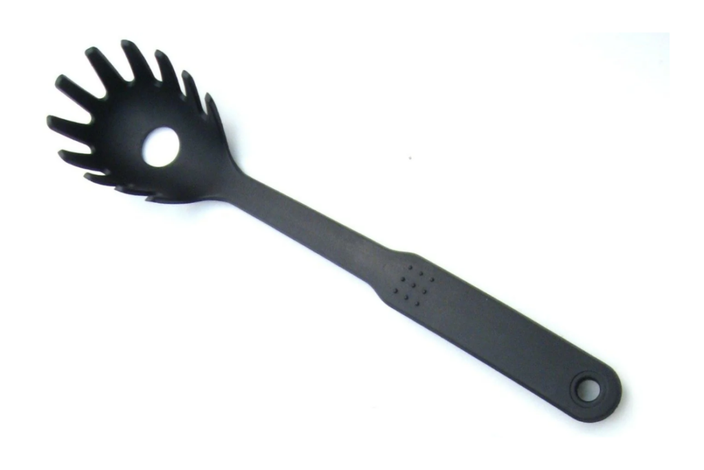 Black pasta spoon server hole for draining water and measuring dry pasta