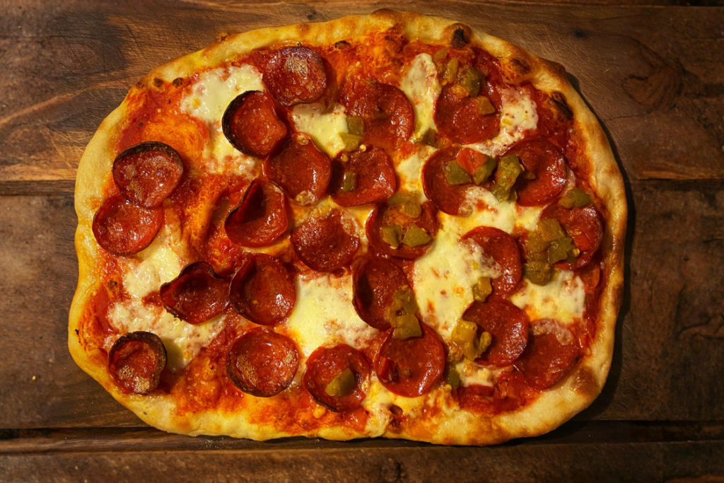 Pepperoni pizza with green chilis