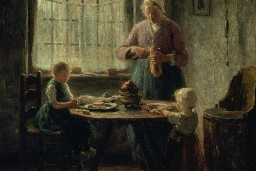 a painting of a woman and a child in a kitchen