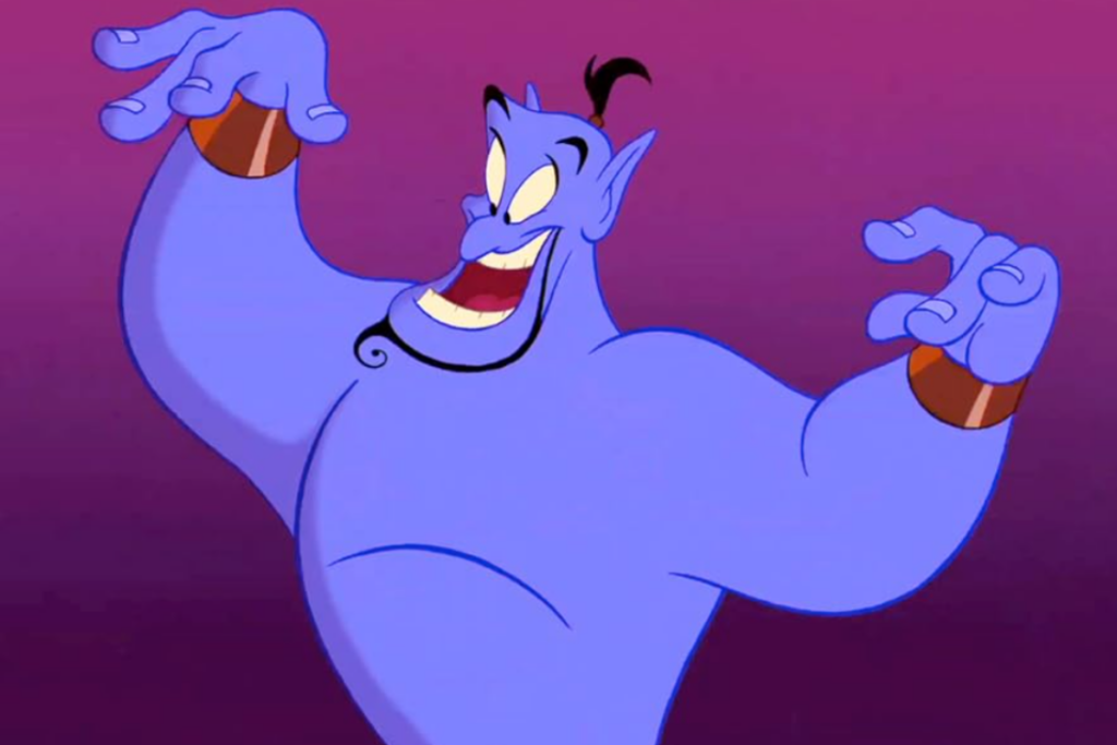 Robin Williams’s Genie performing a humorous transformation in Disney’s Aladdin