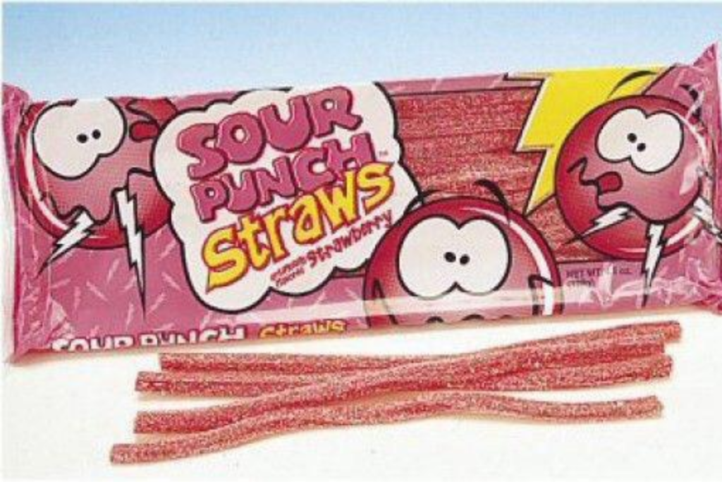 Sour Punch Straws candy in pink plastic packaging