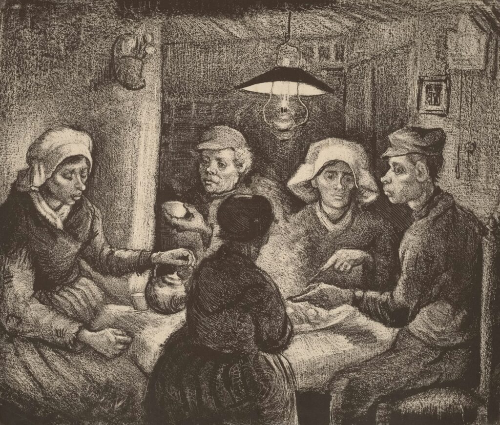 People gathered around a table under a lamp.