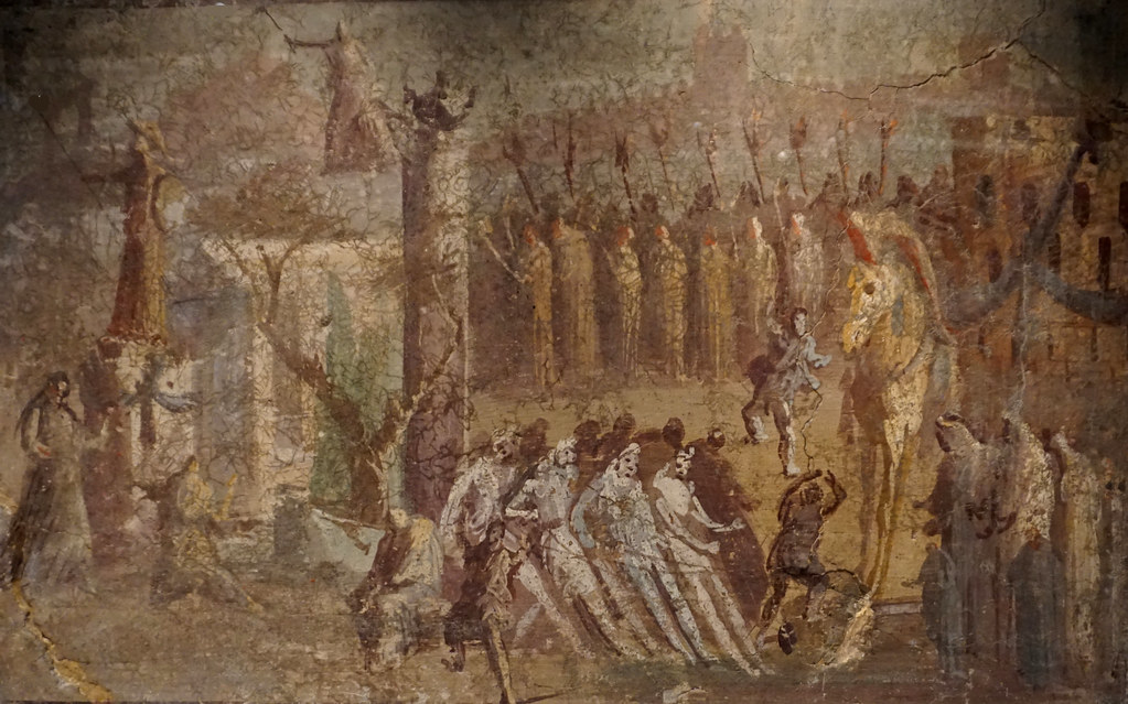 The Trojans pulling the wooden horse into Troy / Els troians empenyent el Cavall de fusta dins de Troia, Museo Archeologico, Napoli