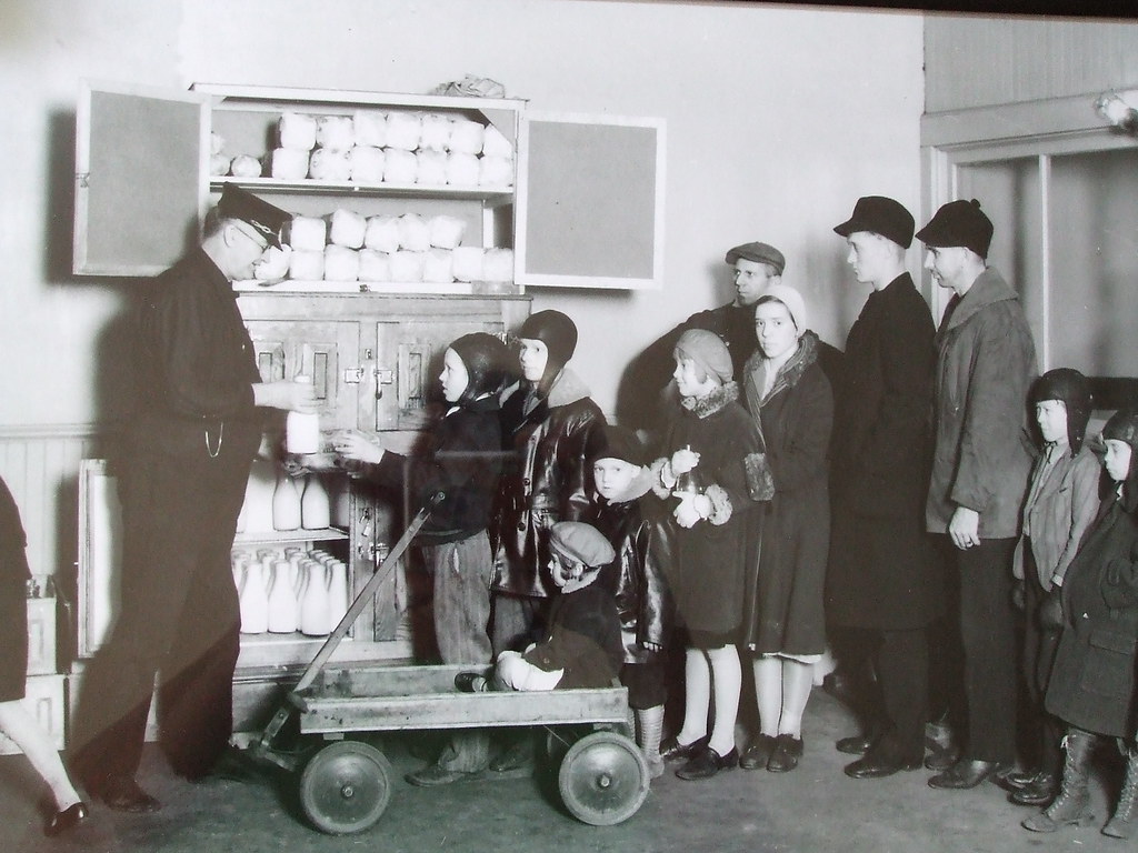 The Great Depression with people lining up for food