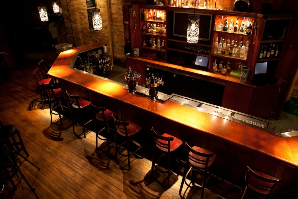 a bar with stools and tables