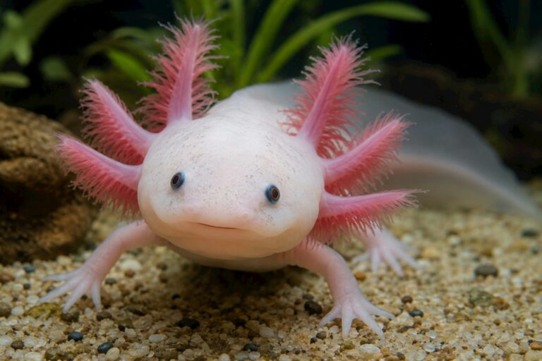 A cute pink axolotl on a sandy bottom.