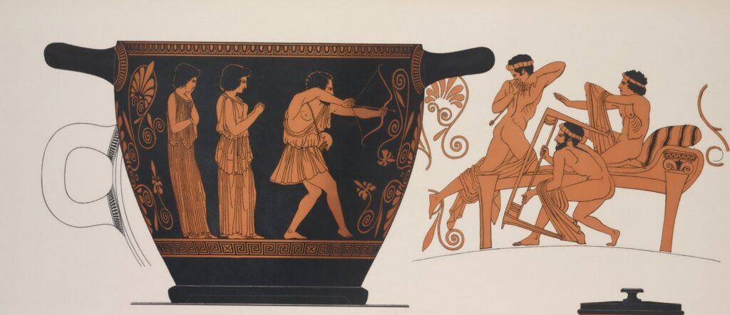 Ancient greek vase painting depicts mythological scene with figures.