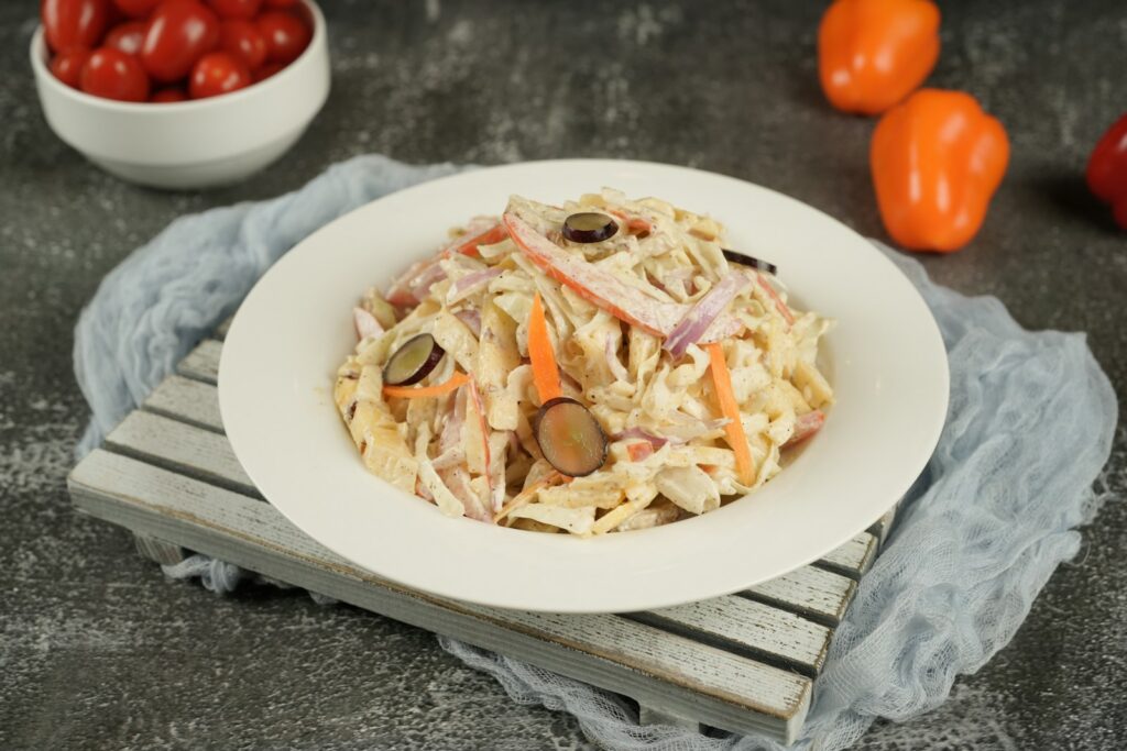 Pasta salad with fresh vegetables.