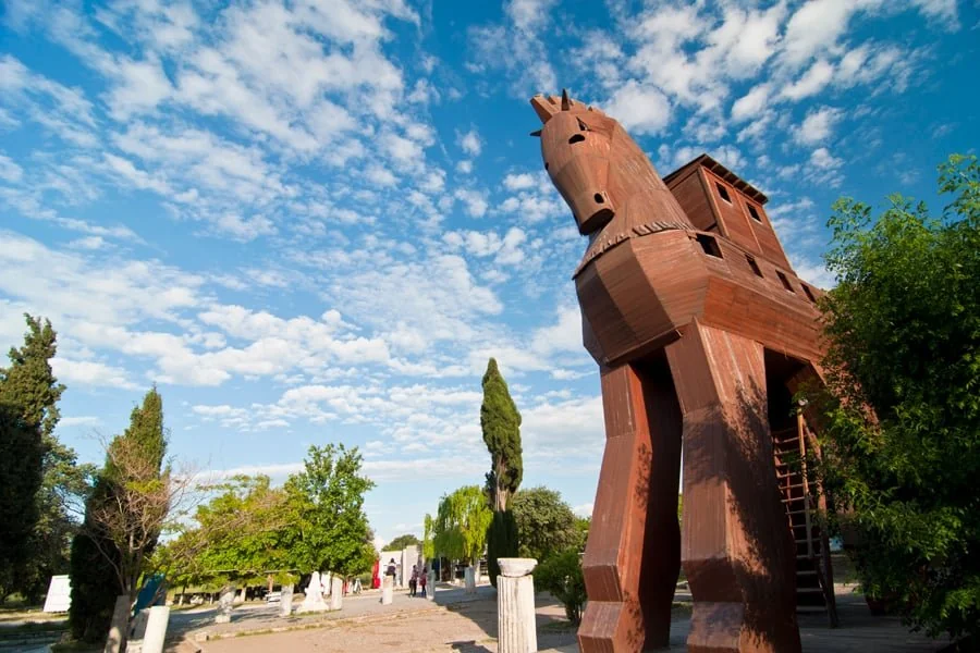 The Trojan Horse Monument against the blue sky background