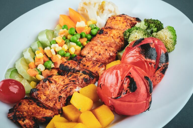 Mediterranean diet meal with fish and vegetables