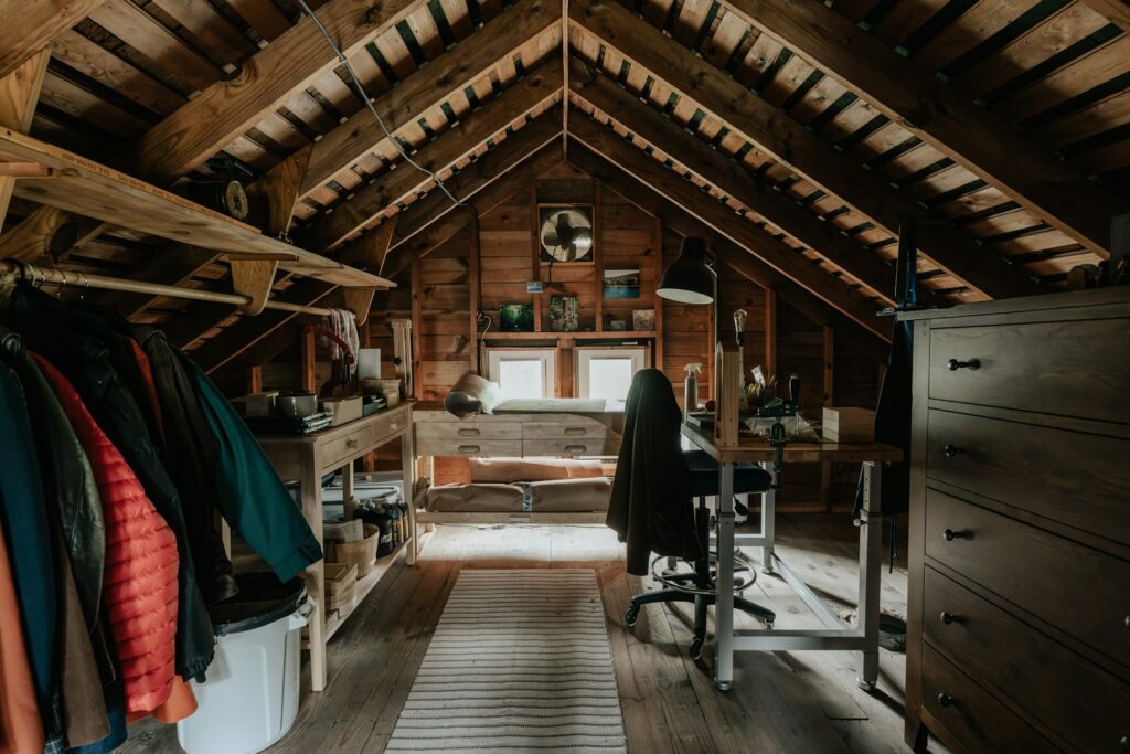 Organized attic with storage bins and boxes