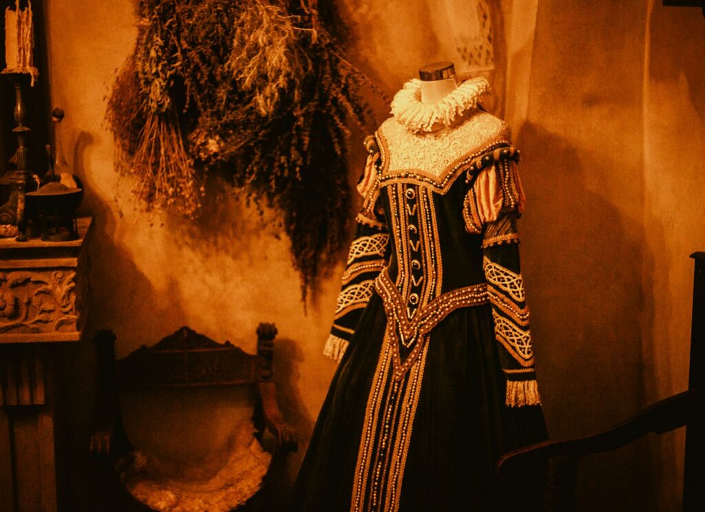 Ornate historical dress with ruffled collar displayed indoors.