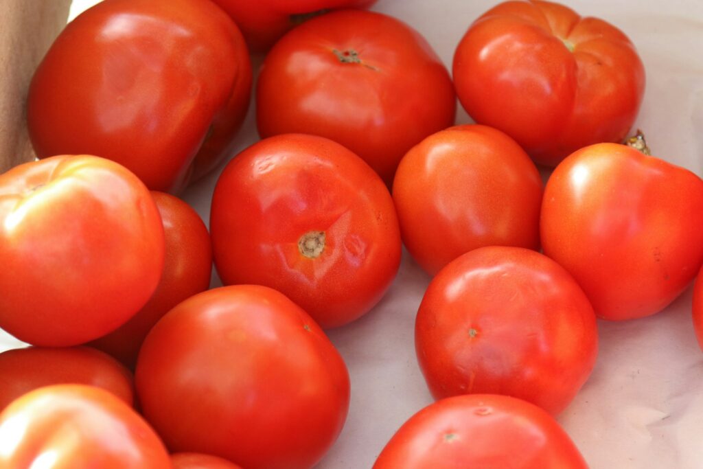 a bunch of tomatoes sitting on top of a table