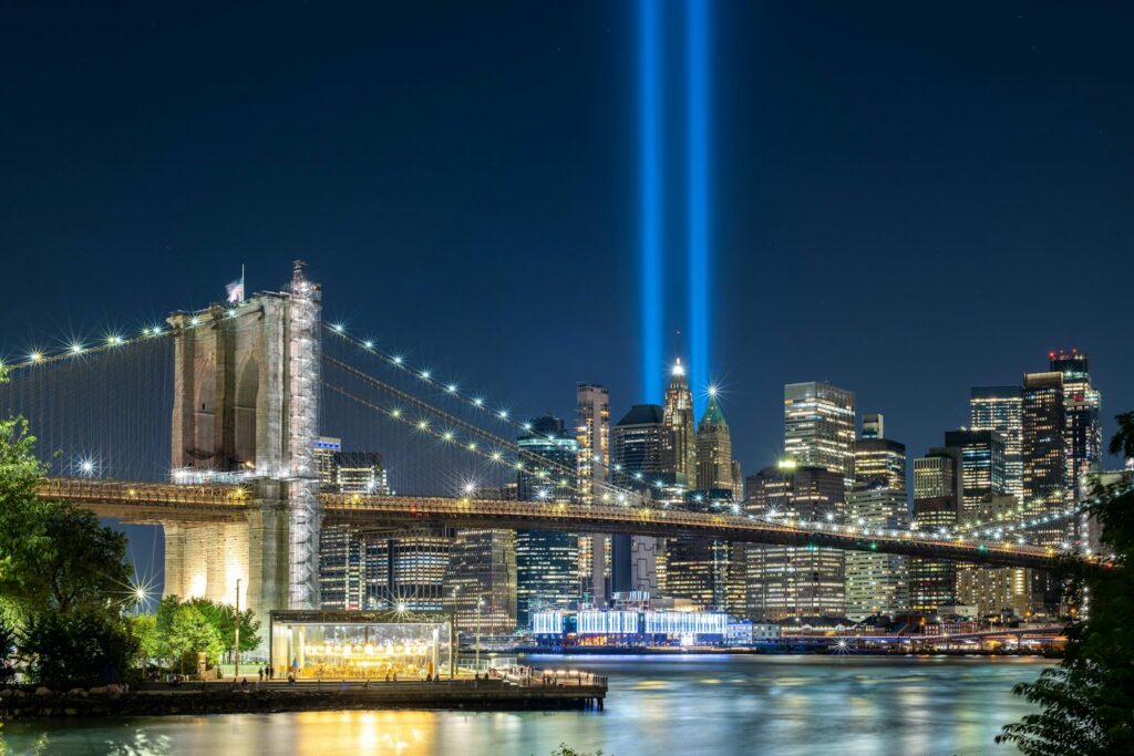 Twin beams illuminating the Manhattan night sky as Tribute in Light