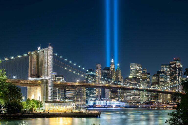 Twin beams illuminating the Manhattan night sky as Tribute in Light