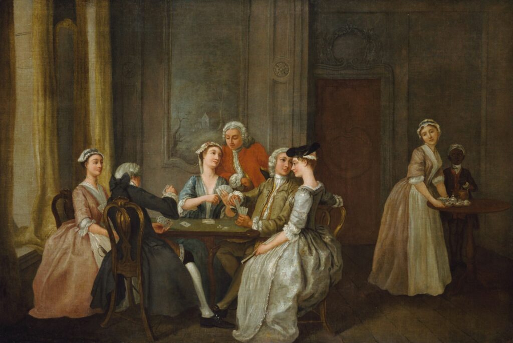 a painting of a group of people sitting around a table