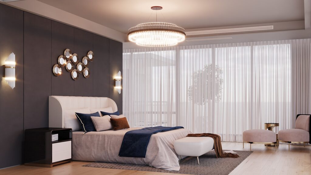 Luxurious bedroom with modern decor and large windows.