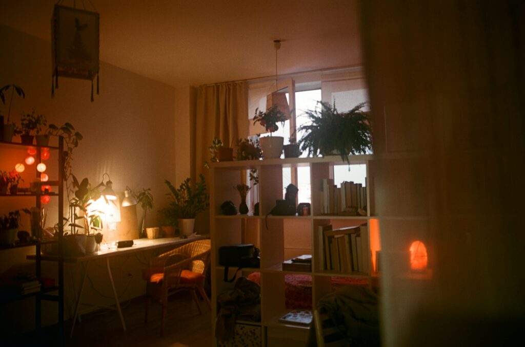 A dimly lit room with a desk and shelves